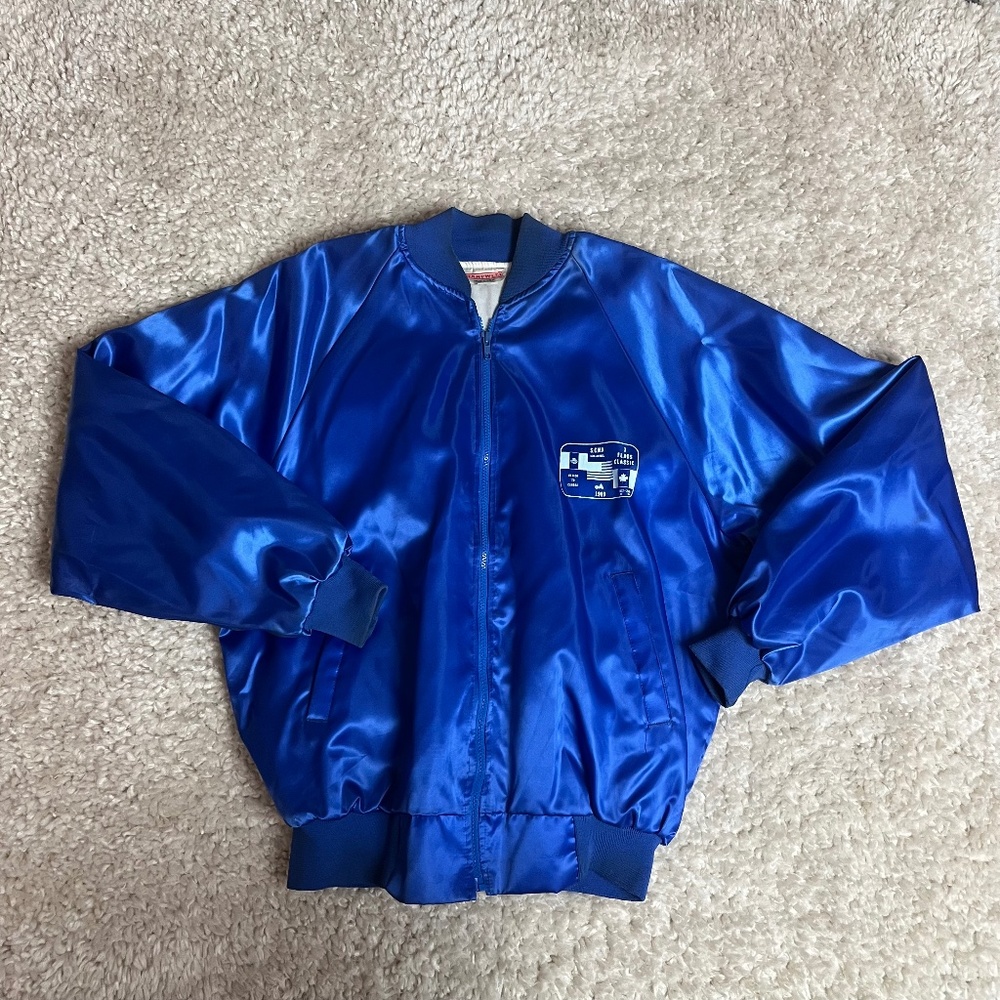 Vintage SCMA 3 Flags Classic Mexico To Canada Mens XL Blue Satin Jacket USA Made